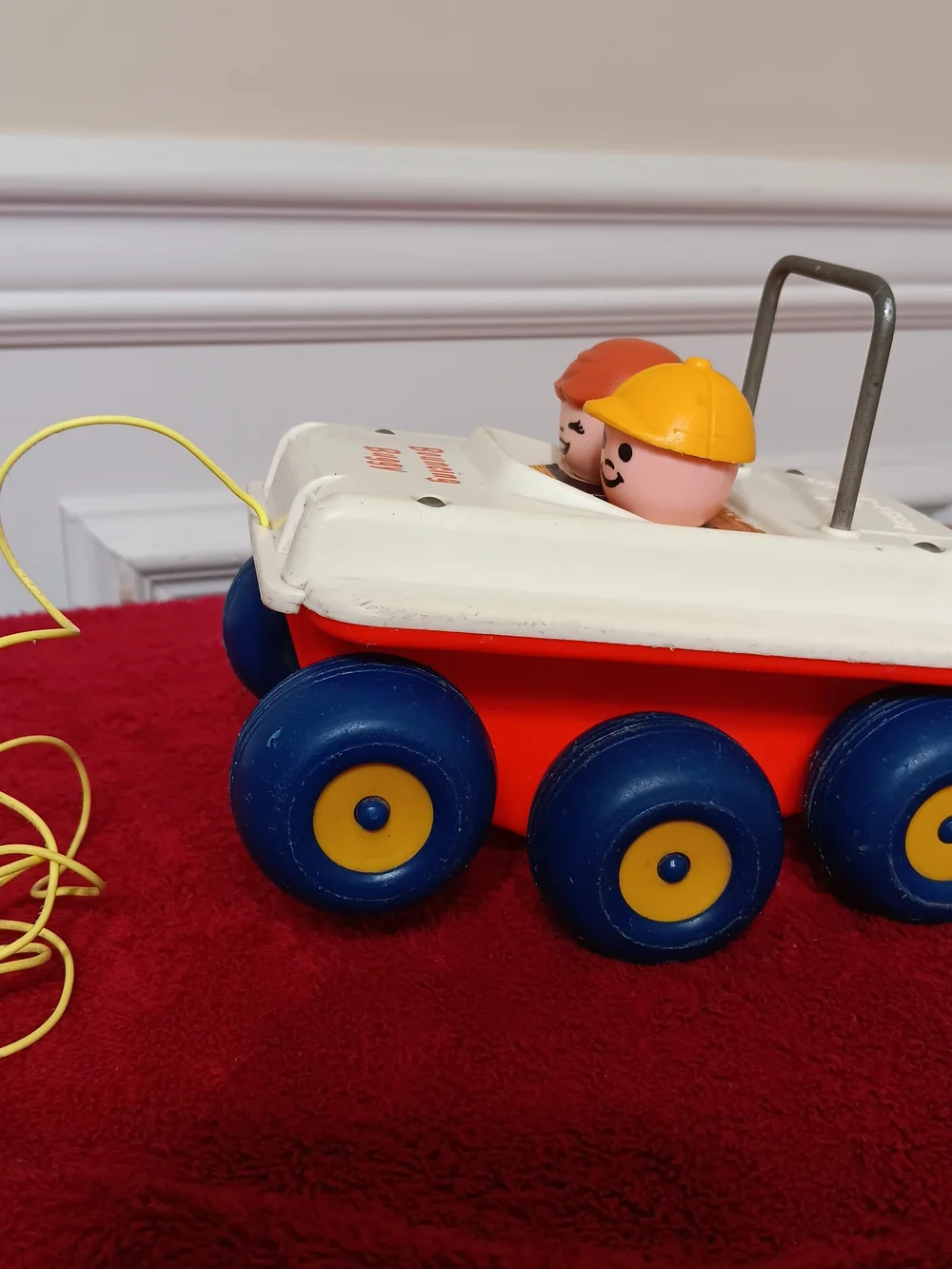 Vintage 1973 Fisher-Price Bouncing Buggy Pull Toy - White, Red & Blue